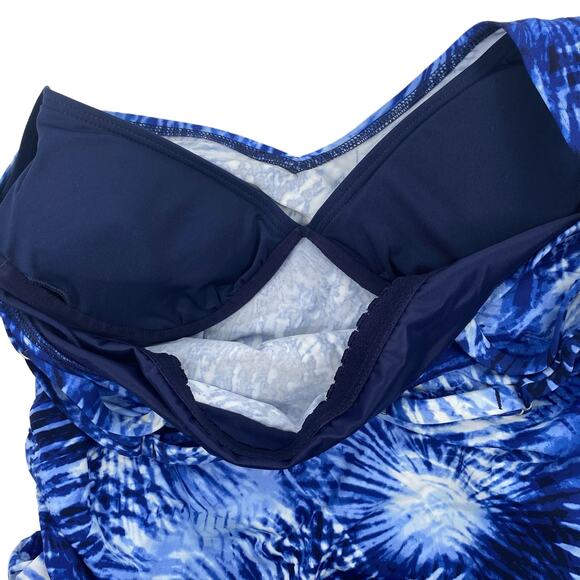NEW LANDS END Chlorine Resistant Tie Dye Blue Cinch Waist Tankini Swim Top 2 - Picture 5 of 6